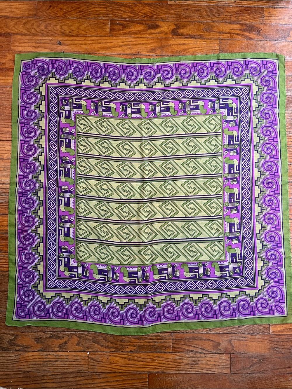 Vintage Purple & Olive Green Aztec Geometric Square Scarf | Boho Y2K Festival